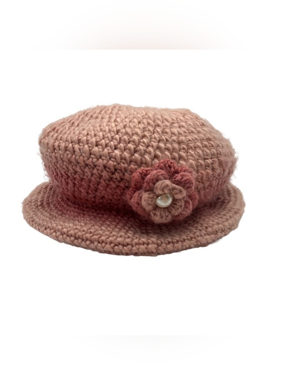 Handmade Pink Fuzzy Knitted Beret Bucket Hat Flower Accent Pearl Preppy Feminine